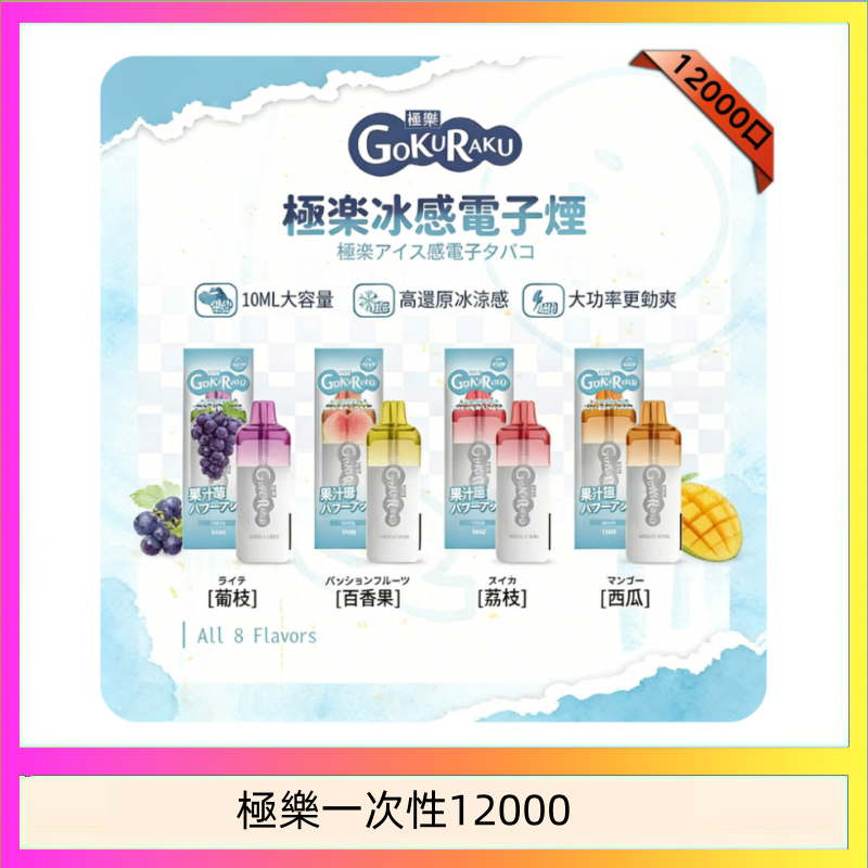 【8種口味】極楽 12000口一次性電子煙|超大容量 |口感絲滑|新品