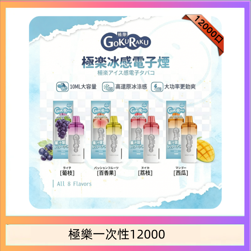 【8種口味】極楽 12000口一次性電子煙|超大容量 |口感絲滑|新品